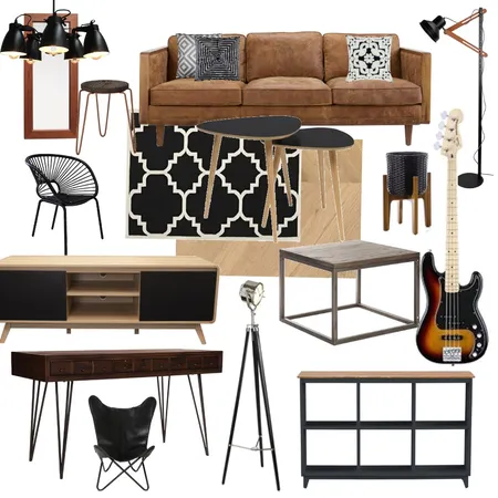 Obývák hnědá sedačka kov dřevo kytara Interior Design Mood Board by Martina.tp on Style Sourcebook