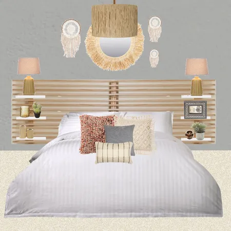 Julie Herbain bed 2 grey wall dream catchers + mirror, ochre lamps and pendant Interior Design Mood Board by Laurenboyes