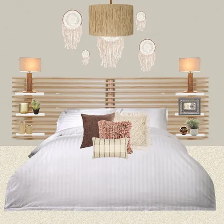 Julie Herbain bed 2 greige wall with dream catchers, brown lamps and pendant Interior Design Mood Board by Laurenboyes on Style Sourcebook