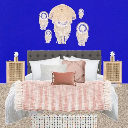 Julie Herbain bed 1 with filament lamps and dream catchers and tiered java lampshade, minus blue cushion and pinky carpet Interior Design Mood Board by Laurenboyes on Style Sourcebook