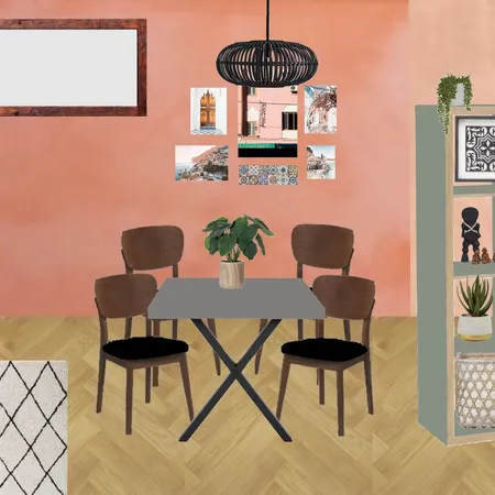 Julie Herbain dining room gerbera wall with travel pictures, black pendant, cross table legs, black chair pads and sage green Kallax Interior Design Mood Board by Laurenboyes on Style Sourcebook