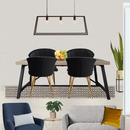 Saira - Dining view with grey paint, grey snuggle and navy armchair + Industrial table and large metal trapeze pendant, black chairs + black/beige rug Interior Design Mood Board by Laurenboyes on Style Sourcebook
