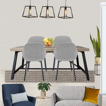 Saira - Dining view with grey paint, grey snuggle and navy armchair + Industrial table and 3x metal trapeze pendant, grey chairs and black/beige rug Interior Design Mood Board by Laurenboyes on Style Sourcebook