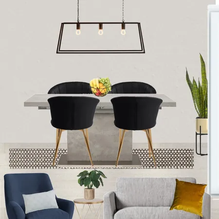Saira - Dining view with grey paint, grey snuggle and navy armchair + Halmstad table and large metal trapeze pendant Interior Design Mood Board by Laurenboyes on Style Sourcebook