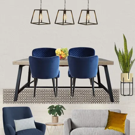 Saira - Dining view with grey paint, grey snuggle and navy armchair + Industrial table and 3x metal trapeze pendant, blue chairs and black/beige rug Interior Design Mood Board by Laurenboyes on Style Sourcebook