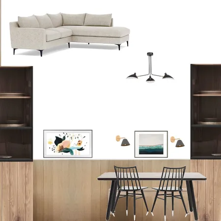 Dining room with wood paneling and black shelves Interior Design Mood Board by knadamsfranklin on Style Sourcebook