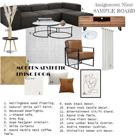 Assignment Nine: Accented Achromatic Living Room: SAMPLE BOARD Interior Design Mood Board by Tatiana on Style Sourcebook