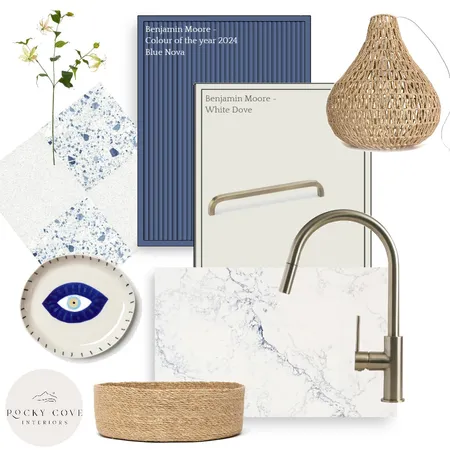 Blue and Taupe Kitchen Flat lay Interior Design Mood Board by Rocky Cove Interiors on Style Sourcebook