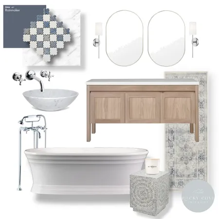 White and blue calming bathroom Interior Design Mood Board by Rocky Cove Interiors on Style Sourcebook