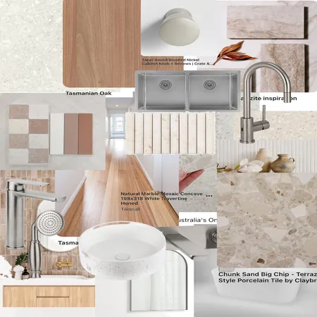 Tasmanian Oak, Terrazzo, Taj Mahal, Brushed Nickel, Soft Kitkat & Arches Interior Design Mood Board by tortirebecca@gmail.com on Style Sourcebook