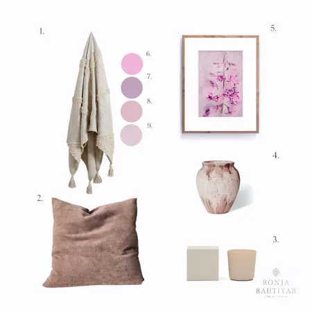 Exploring Elegance: A Moodboard of Fine Ceramics, Natural Textiles and Delicate floral fine art embracing the Warm Tones of Red, Orange, and Violet Interior Design Mood Board by Ronja Bahtiyar Art on Style Sourcebook