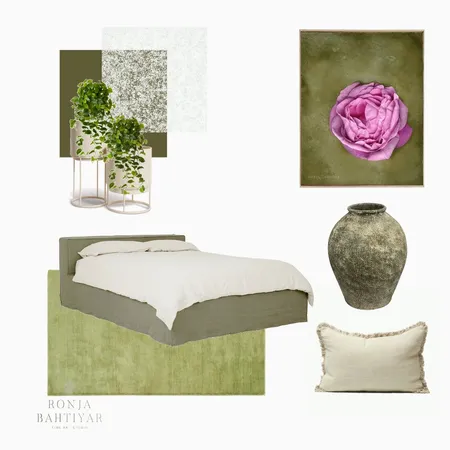 Harmonious Greens and Subtle Pink Florals in Master Bedroom Decor Interior Design Mood Board by Ronja Bahtiyar Art on Style Sourcebook