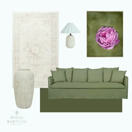 Living room in ivory cream, olive greens with complementary floral art touch in pink Interior Design Mood Board by Ronja Bahtiyar Art on Style Sourcebook