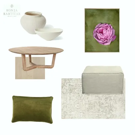 Living room in ivory cream, olive greens with complementary floral art touch in pink Interior Design Mood Board by Ronja Bahtiyar Art on Style Sourcebook