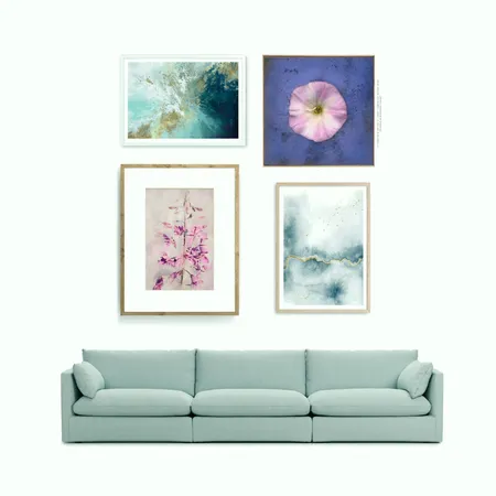 Wall Art Gallery over Light Blue Sofa Interior Design Mood Board by Ronja Bahtiyar Art on Style Sourcebook