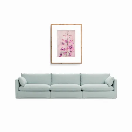 Pink and Violette Fireweed Blooms Floral Art over Light Blue Sofa Interior Design Mood Board by Ronja Bahtiyar Art on Style Sourcebook