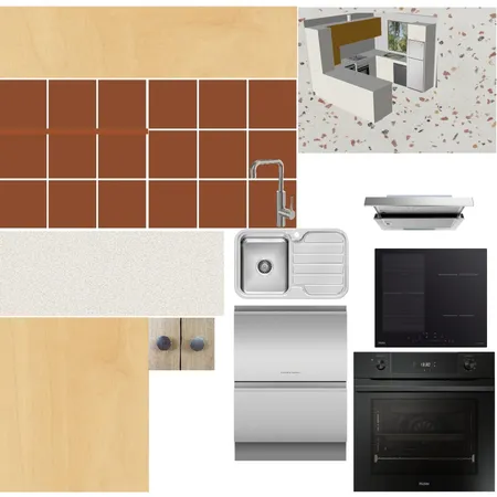 kitchen with ochre tiles and pearl fabrini benchtop Interior Design Mood Board by lessmart on Style Sourcebook
