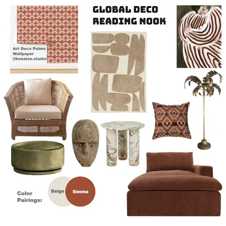 Global Deco Reading Nook Interior Design Mood Board by Bonaise Surface Designer (Textiles, Wallpaper + More) on Style Sourcebook