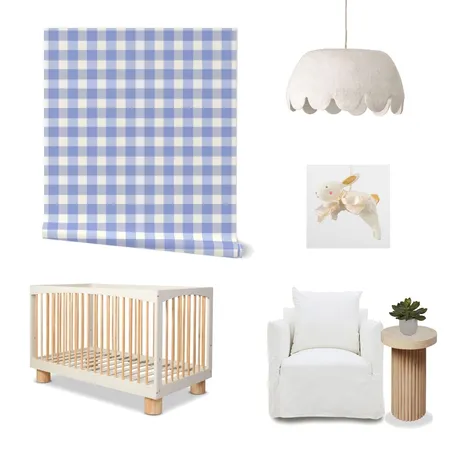 Periwinkle Gingham Wallpaper for Cottagecore baby Nursery Interior Design Mood Board by ashclarkart on Style Sourcebook