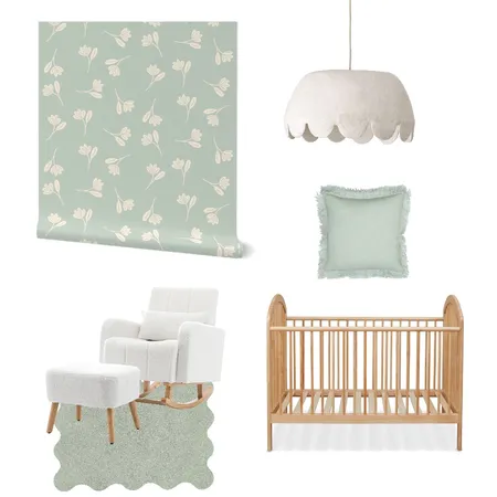 Cottagecore Dainty Floral Sage Green Wallpaper for Baby Nursery Interior Design Mood Board by ashclarkart on Style Sourcebook