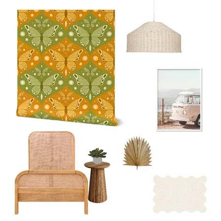 Retro 70s Butterflies Ogee Wallpaper for Teen Girl’s Room Interior Design Mood Board by ashclarkart on Style Sourcebook