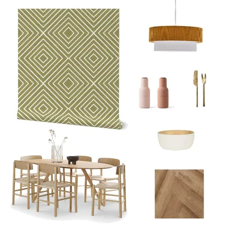 Japandi Multi Triangles Olive Green Wallpaper for Dining Room Interior Design Mood Board by ashclarkart on Style Sourcebook