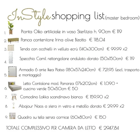 Master bedroom Piave project - shopping list Interior Design Mood Board by InStyle Idea on Style Sourcebook