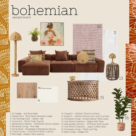 Bohemian Sample Board Interior Design Mood Board by rachelengen@outlook.com on Style Sourcebook