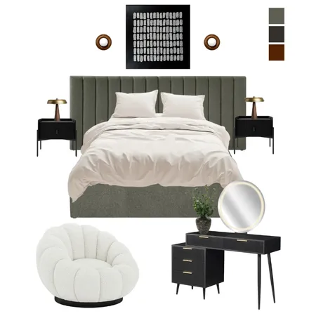 A Calm Contemporary Bedroom in Olive, Black, and Warm Brass Interior Design Mood Board by Luxo Living