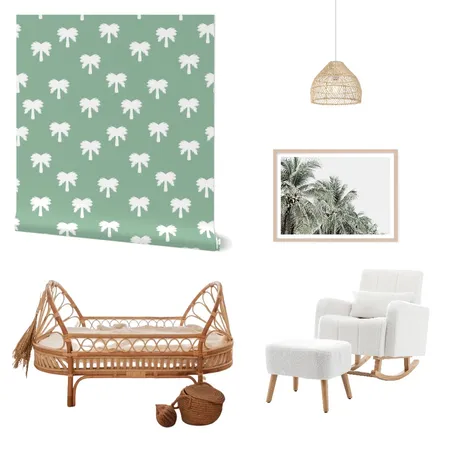 Preppy Coastal Palm Trees Wallpaper for Nursery Decor Interior Design Mood Board by ashclarkart on Style Sourcebook