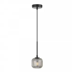 Telbix Bobo 1 Light Ribbed Barrel Glass LED Pendant Light Black by Telbix, a Pendant Lighting for sale on Style Sourcebook