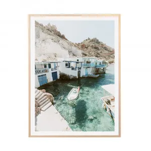 Milos Boat View Natural Veneer Framed Print - 85cm x 114cm by null, a Prints for sale on Style Sourcebook