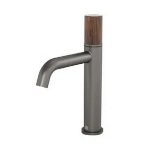 Elvire Progressive Basin Mixer 135mm Reach 6Star 4.5L/Min Body Dark Wood Handle | Made From Brass In Gunmetal By Caroma by Caroma, a Bathroom Taps & Mixers for sale on Style Sourcebook