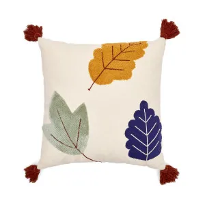 Zelda white cushion cover with multicolour embroidered leaves and terracotta tassels, 45 x 45 cm by null, a Kids Cushions for sale on Style Sourcebook