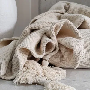 Amiens Linen Cotton Waffle Texture Tassel per Soft Massive Throw Bedcover 150cmx220cm - Off White by null, a Cushions, Decorative Pillows for sale on Style Sourcebook