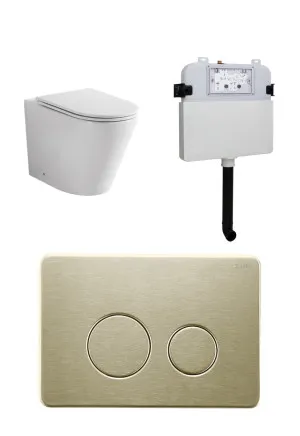 Java Rimless In-wall Toilet Suite S&P Trap with Round Metal Brushed Gold Button by null, a Toilets & Bidets for sale on Style Sourcebook