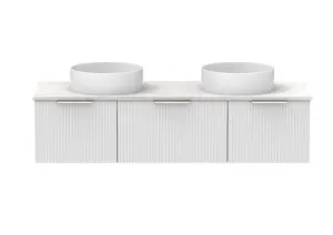 Mosman Vanity With Double Basin 1500mm 3 Draw, Ultra White Matte & Grey Travertine | Made From MDF In Matte White By Raymor by Raymor, a Vanities for sale on Style Sourcebook