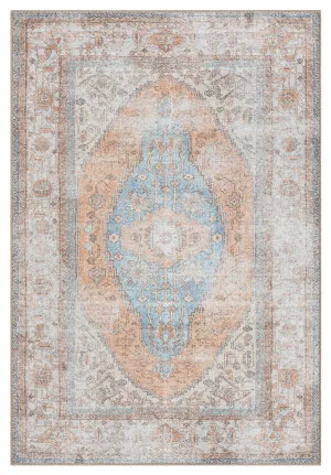 Halima Orange and BlueTraditional Distressed Washable Rug by Miss Amara, a Persian Rugs for sale on Style Sourcebook