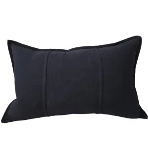 Eveleigh Stonewashed Linen Cotton Cushion 40x60cm Lumbar - Black | Embroidery Double Striped by null, a Cushions, Decorative Pillows for sale on Style Sourcebook