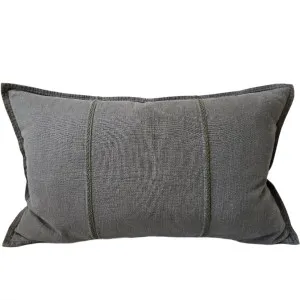 Eveleigh Stonewashed Linen Cotton Cushion 40x60cm Lumbar - Dark Sage Green | Embroidery Double Striped by null, a Cushions, Decorative Pillows for sale on Style Sourcebook