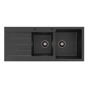 Kuro Granite 32L/22L Double Kitchen Sink with Drainer, Right Bowl, 2 Tap Holes by Fienza, a Kitchen Sinks for sale on Style Sourcebook
