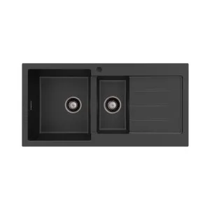 Kuro Granite 32L/14L Double Kitchen Sink with Drainer, Left Bowl, 1 Tap Hole by Fienza, a Kitchen Sinks for sale on Style Sourcebook