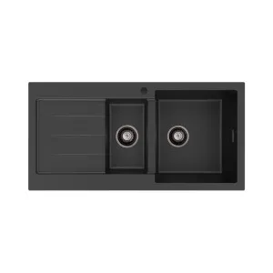 Kuro Granite 32L/14L Double Kitchen Sink with Drainer, Right Bowl, 1 Tap Hole by Fienza, a Kitchen Sinks for sale on Style Sourcebook