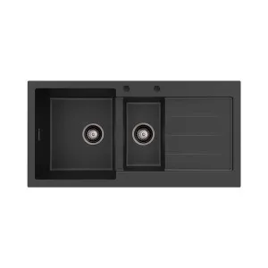 Kuro Granite 32L/14L Double Kitchen Sink with Drainer, Left Bowl, 2 Tap Holes by Fienza, a Kitchen Sinks for sale on Style Sourcebook