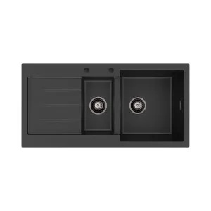 Kuro Granite 32L/14L Double Kitchen Sink with Drainer, Right Bowl, 2 Tap Holes by Fienza, a Kitchen Sinks for sale on Style Sourcebook