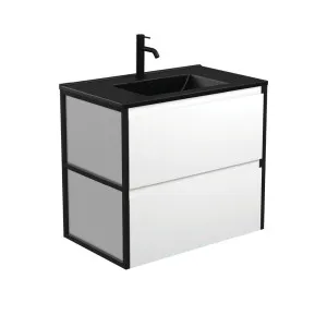 Dolce Matte Black Amato 750 Satin White Wall-Hung Vanity, Matte Black Frames by Fienza, a Vanities for sale on Style Sourcebook