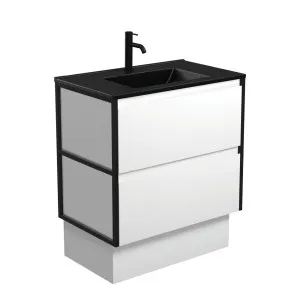 Dolce Matte Black Amato 750 Satin White Vanity On Kick, Matte Black Frames by Fienza, a Vanities for sale on Style Sourcebook