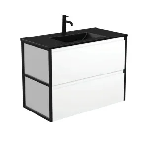 Dolce Matte Black Amato 900 Satin White Wall-Hung Vanity, Matte Black Frames by Fienza, a Vanities for sale on Style Sourcebook