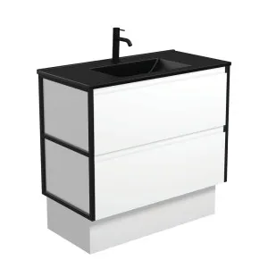 Dolce Matte Black Amato 900 Satin White Vanity On Kick, Matte Black Frames by Fienza, a Vanities for sale on Style Sourcebook