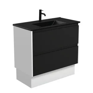 Dolce Matte Black Amato 900 Satin Black Vanity On Kick, Satin White Panels by Fienza, a Vanities for sale on Style Sourcebook